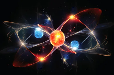 Abstract Atomic Structure With Glowing Particles In Space