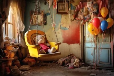 Abandoned Nursery Room With Teddy Bear On Swing