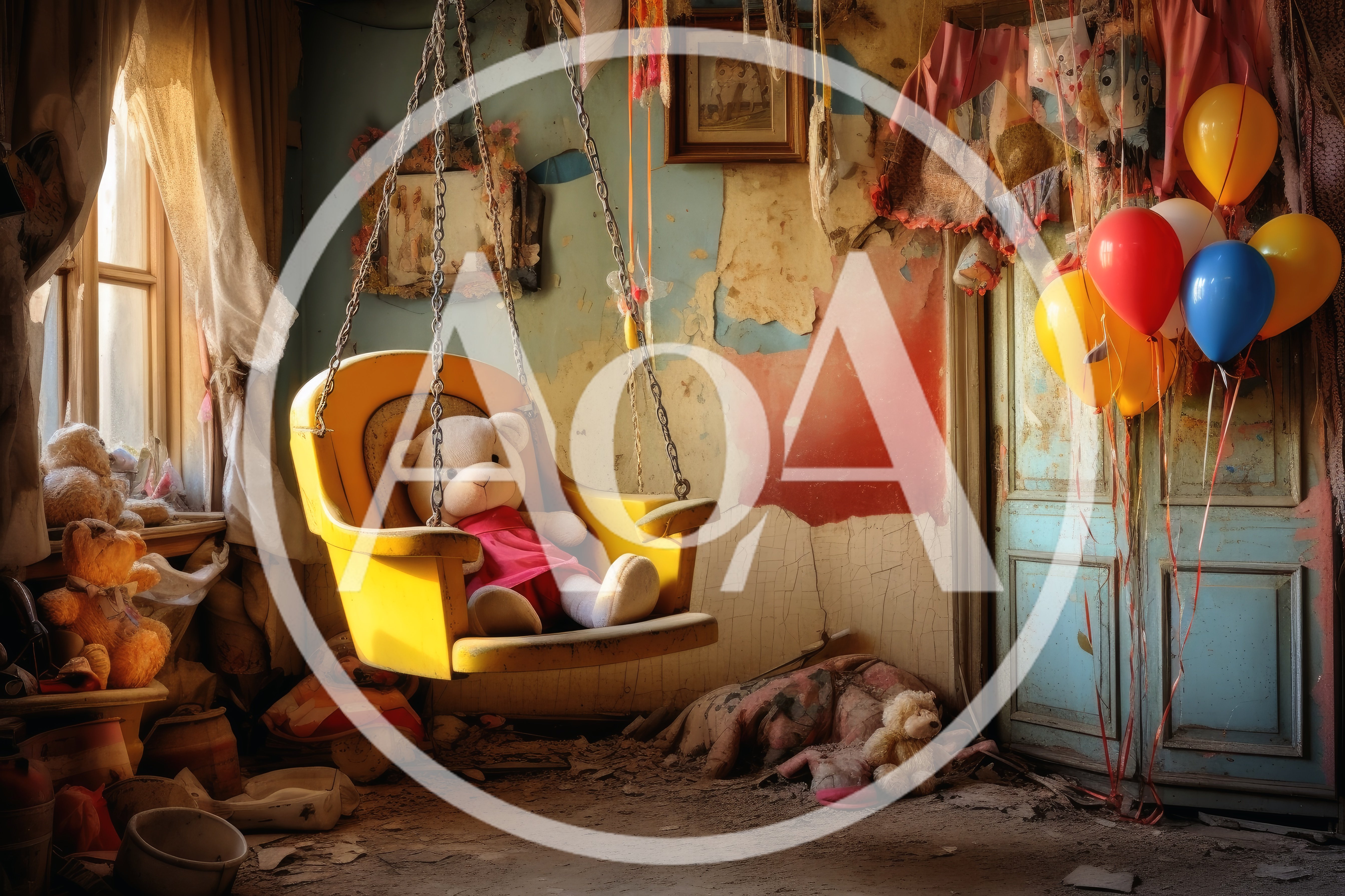 Abandoned Nursery Room With Teddy Bear On Swing