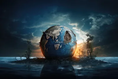 Surreal Earth Globe Resting On A Desolate Island