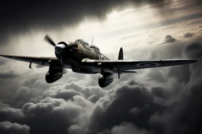 Vintage World War II Fighter Plane Flying Through Clouds