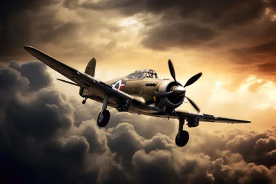 Vintage Military Fighter Plane Flying Through Stormy Clouds