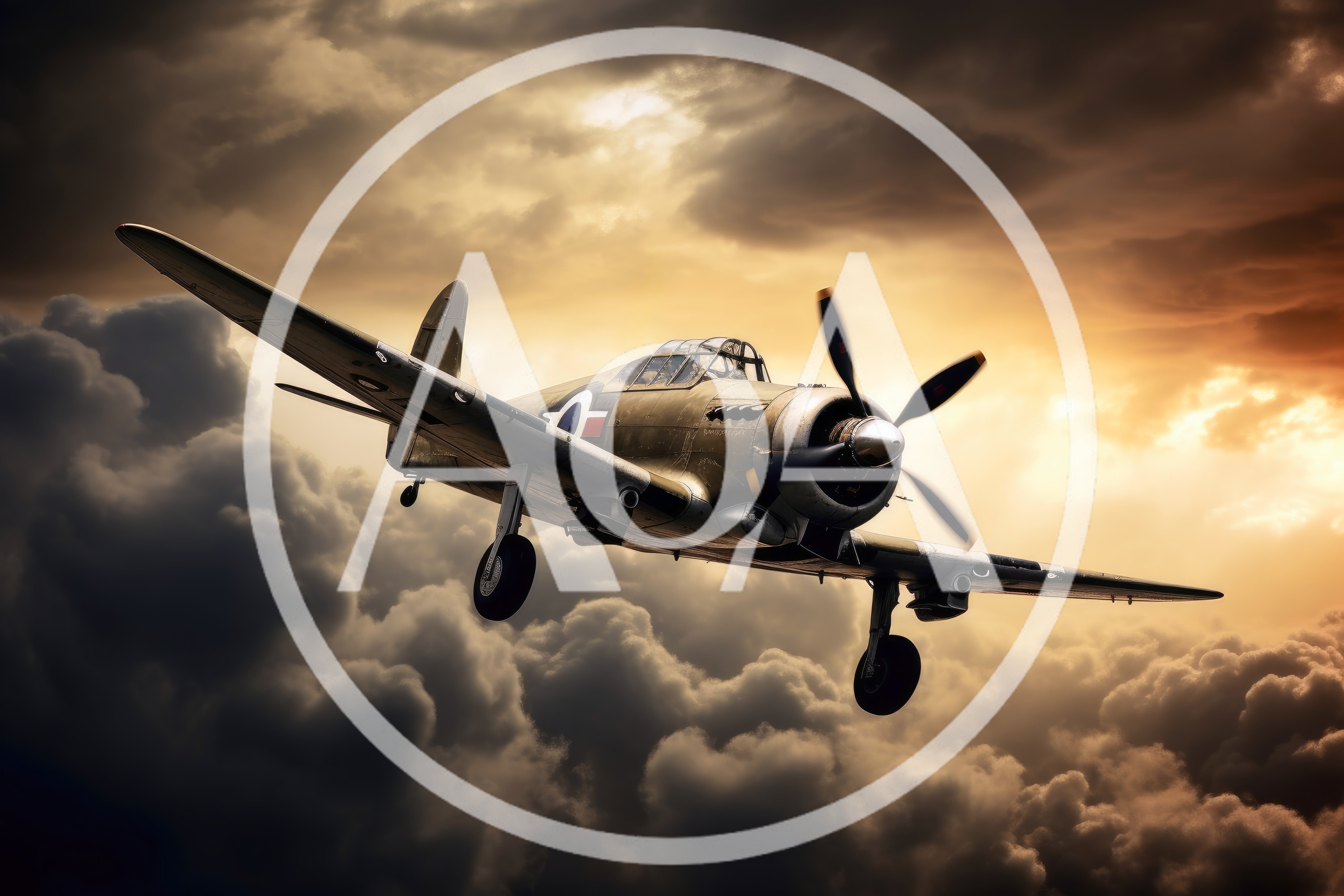 Vintage Military Fighter Plane Flying Through Stormy Clouds