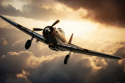 Vintage World War II Fighter Plane Flying Through Clouds
