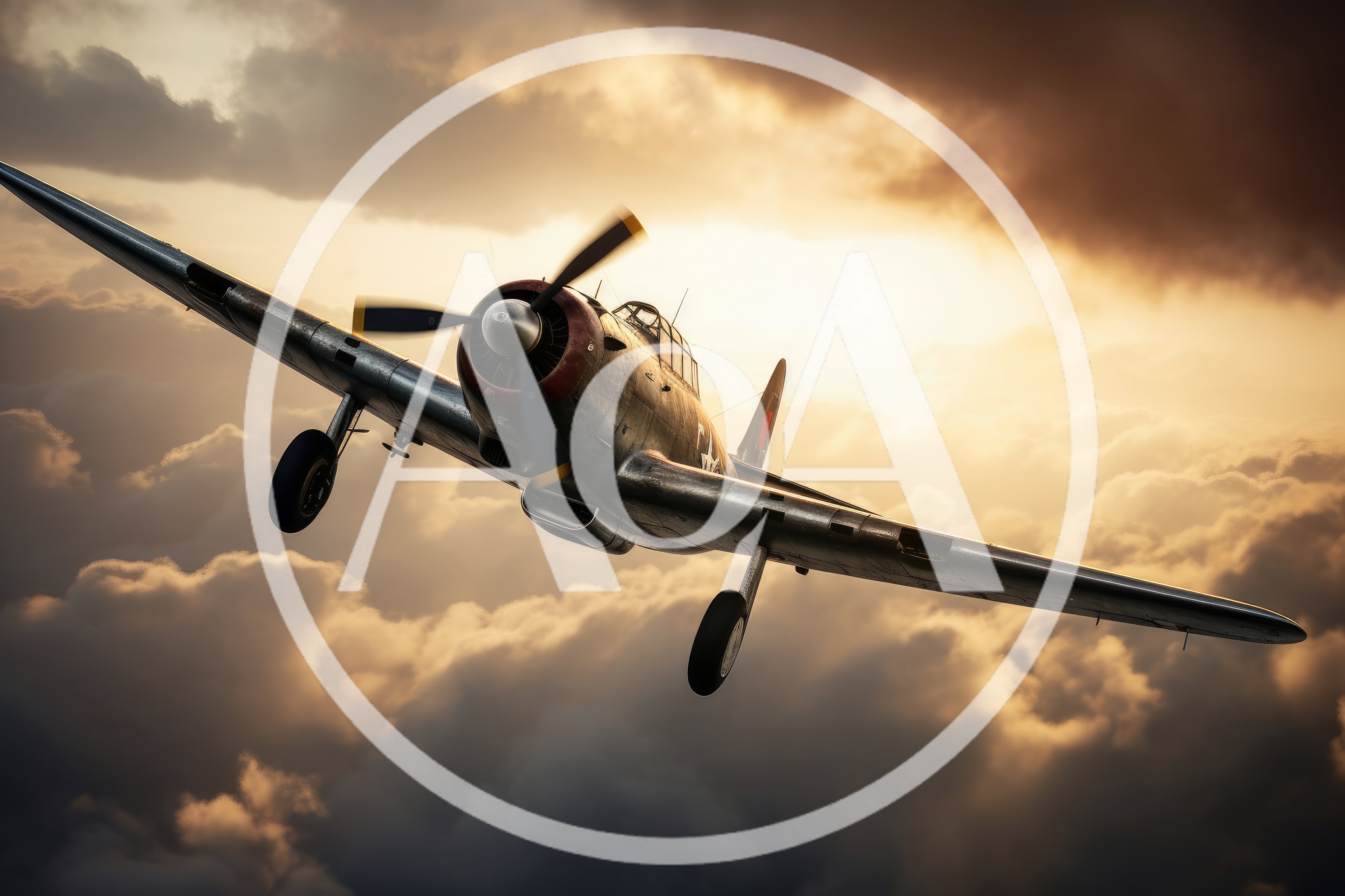 Vintage World War II Fighter Plane Flying Through Clouds