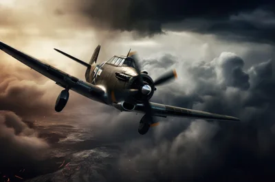 Vintage World War II Fighter Plane Flying Through Stormy Clouds
