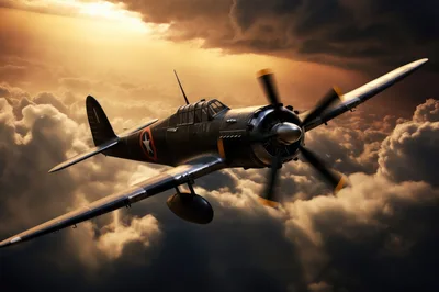 Vintage Fighter Aircraft Flying Through Golden Sunset Clouds