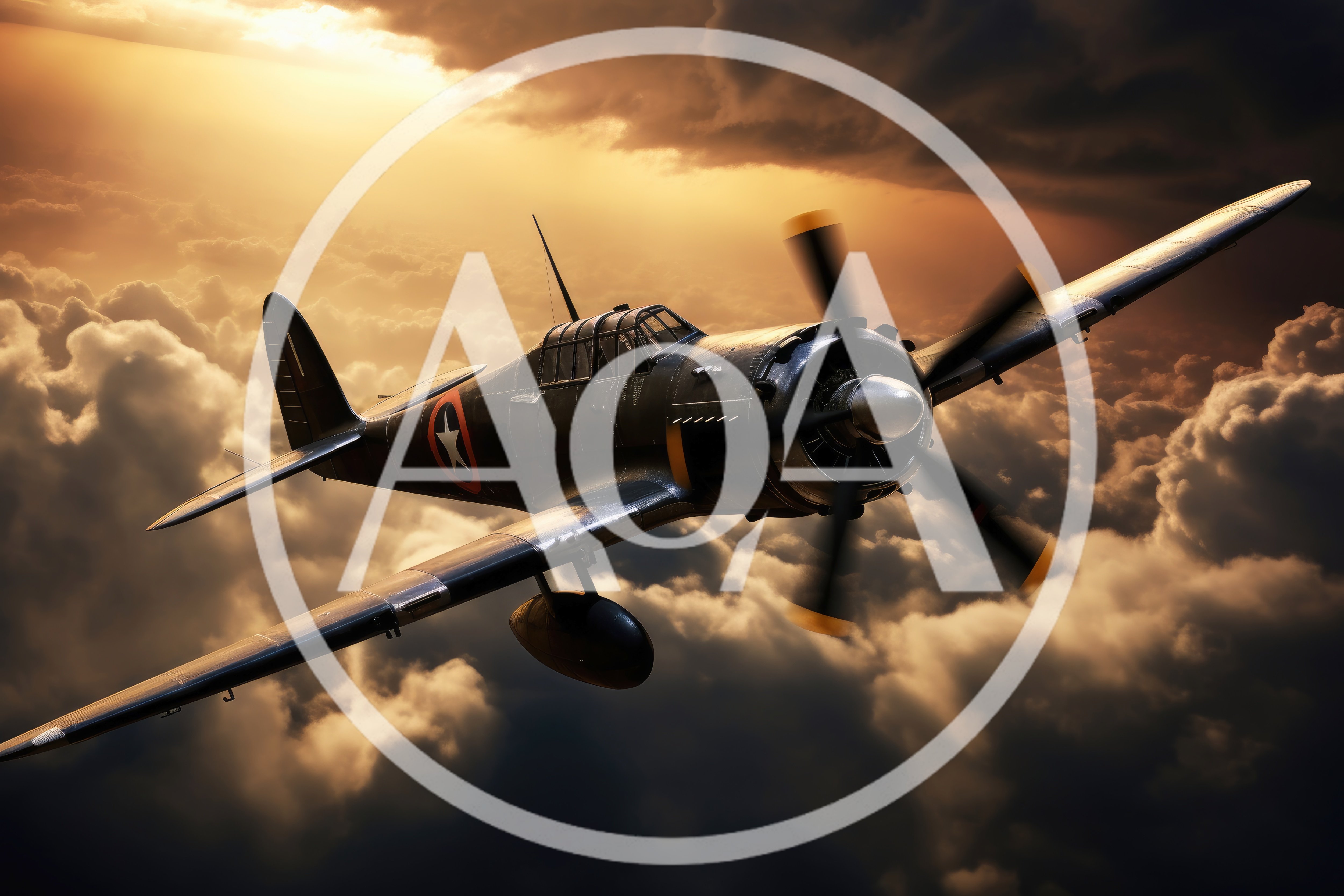 Vintage Fighter Aircraft Flying Through Golden Sunset Clouds