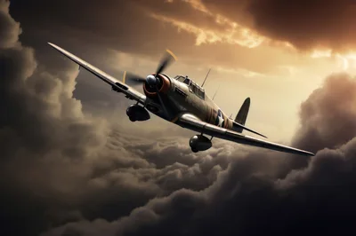 Vintage World War II Fighter Plane Flying Through Clouds