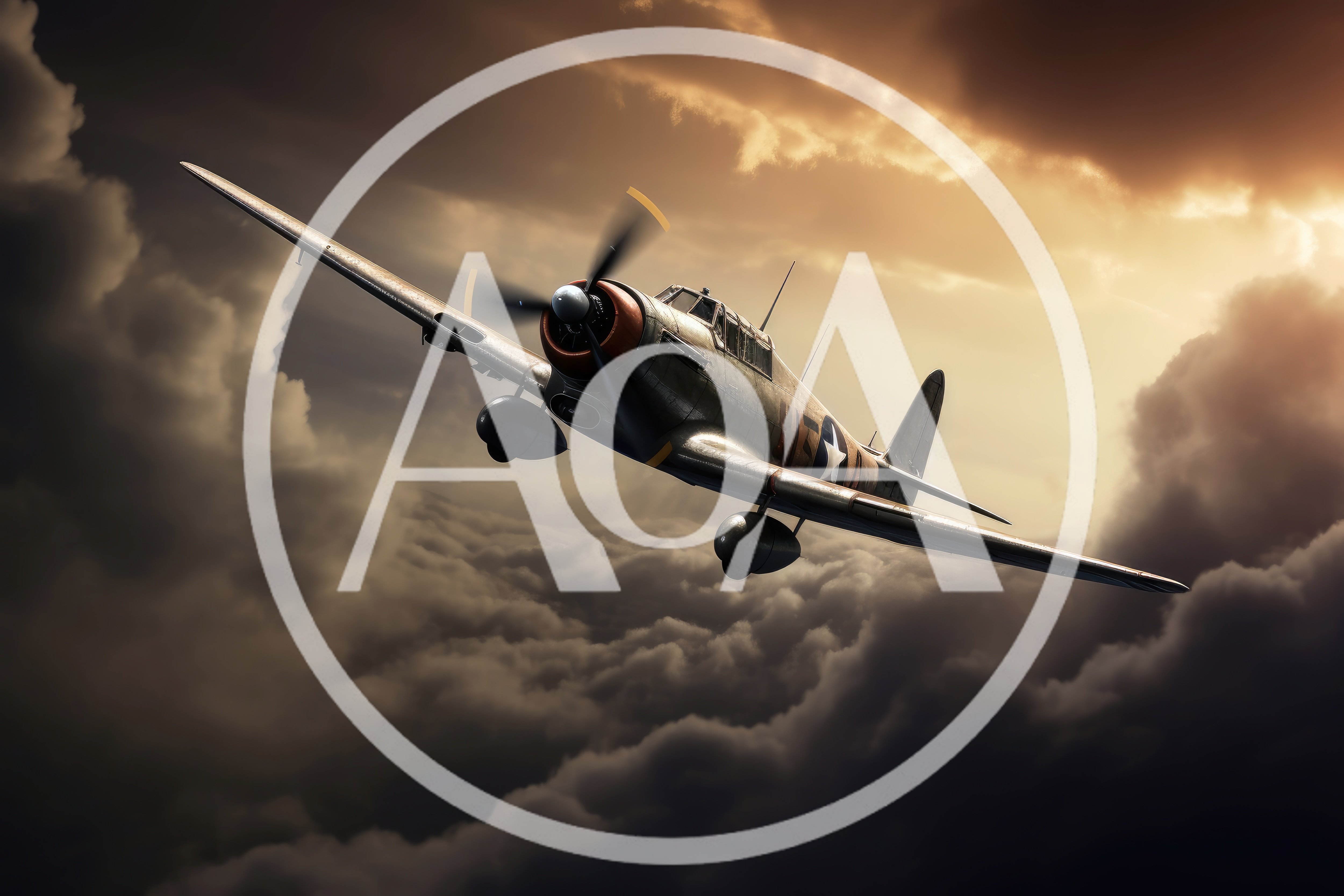 Vintage World War II Fighter Plane Flying Through Clouds