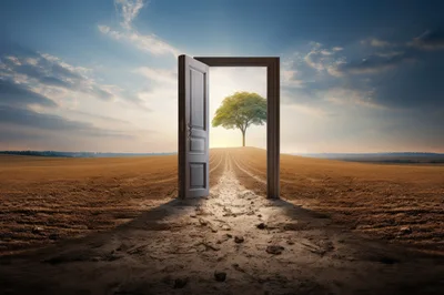 Surreal Open Door Standing In A Barren Field