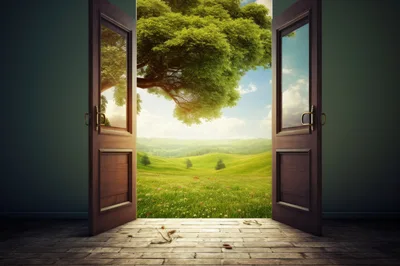 Open Wooden Doors Revealing A Sunny Green Meadow