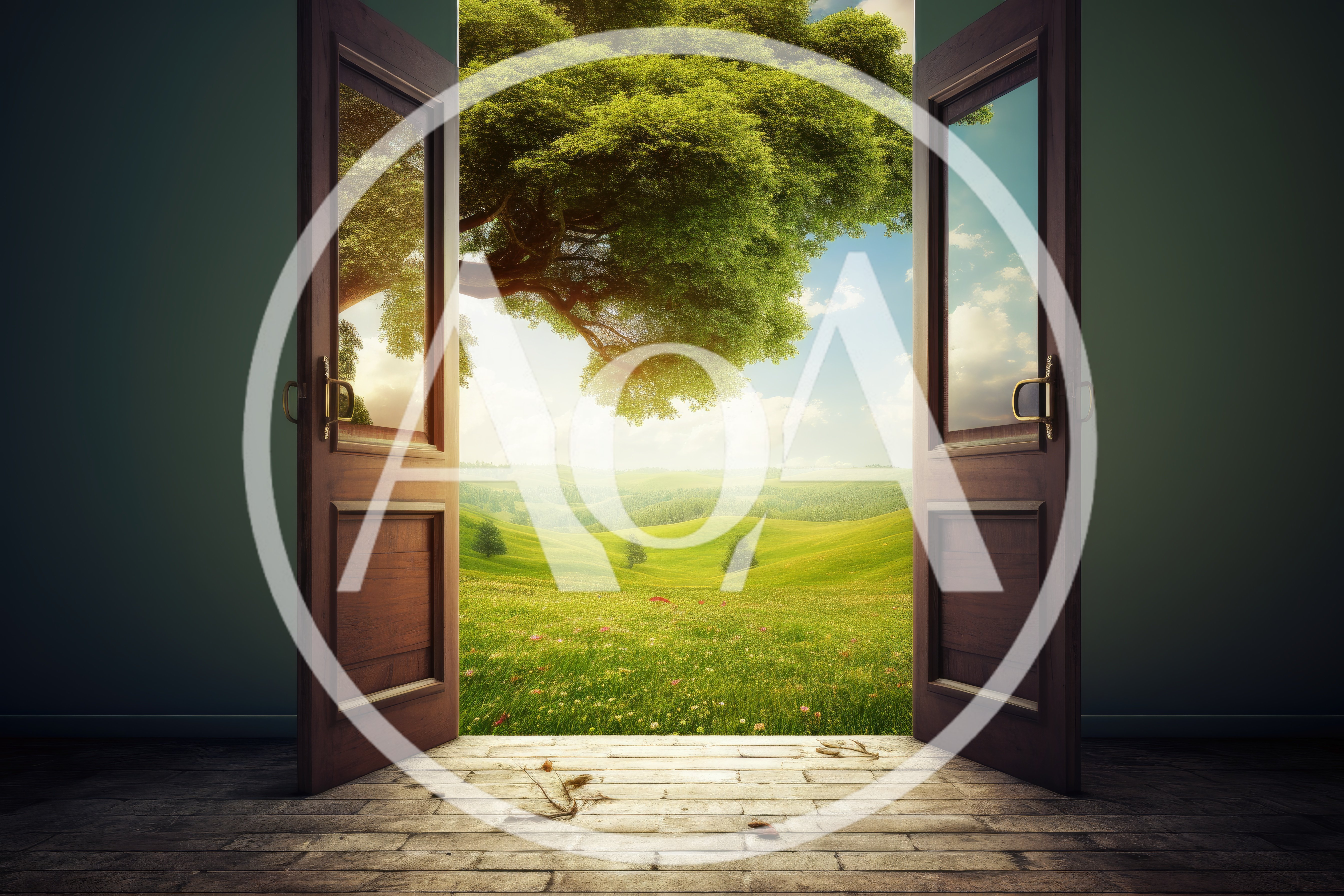 Open Wooden Doors Revealing A Sunny Green Meadow