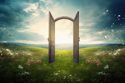 Surreal Open Wooden Door Standing In A Meadow