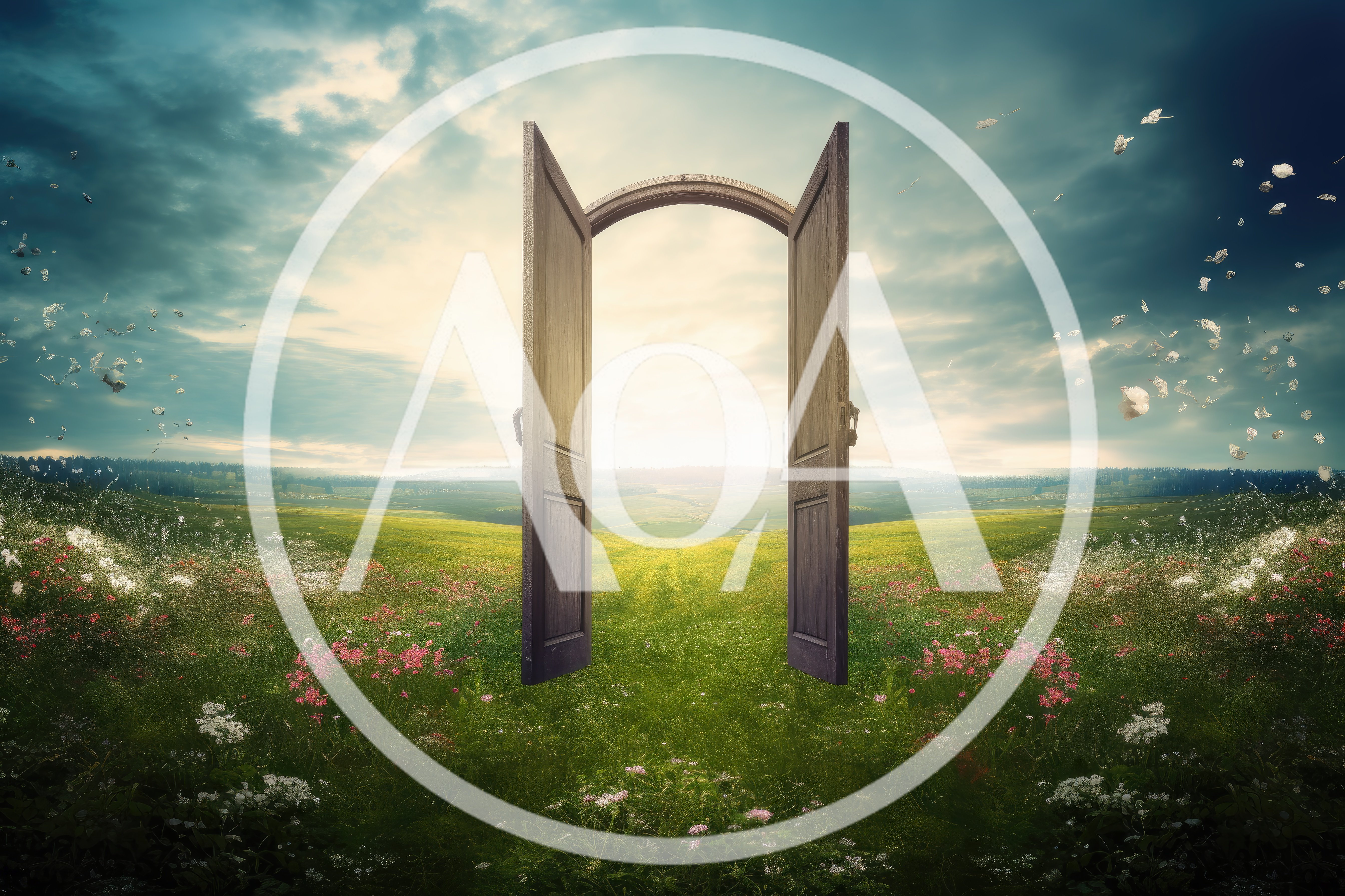 Surreal Open Wooden Door Standing In A Meadow
