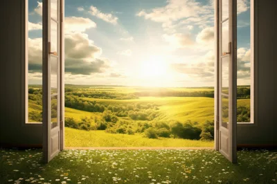Open Window Overlooking A Sunny Rolling Green Landscape