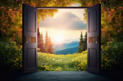 Open Doorway Revealing A Scenic Mountain Landscape