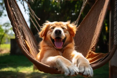 Happy Golden Retriever Relaxing In A Hammock