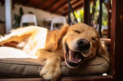 Golden Retriever Dog Yawning While Resting On A Cushion