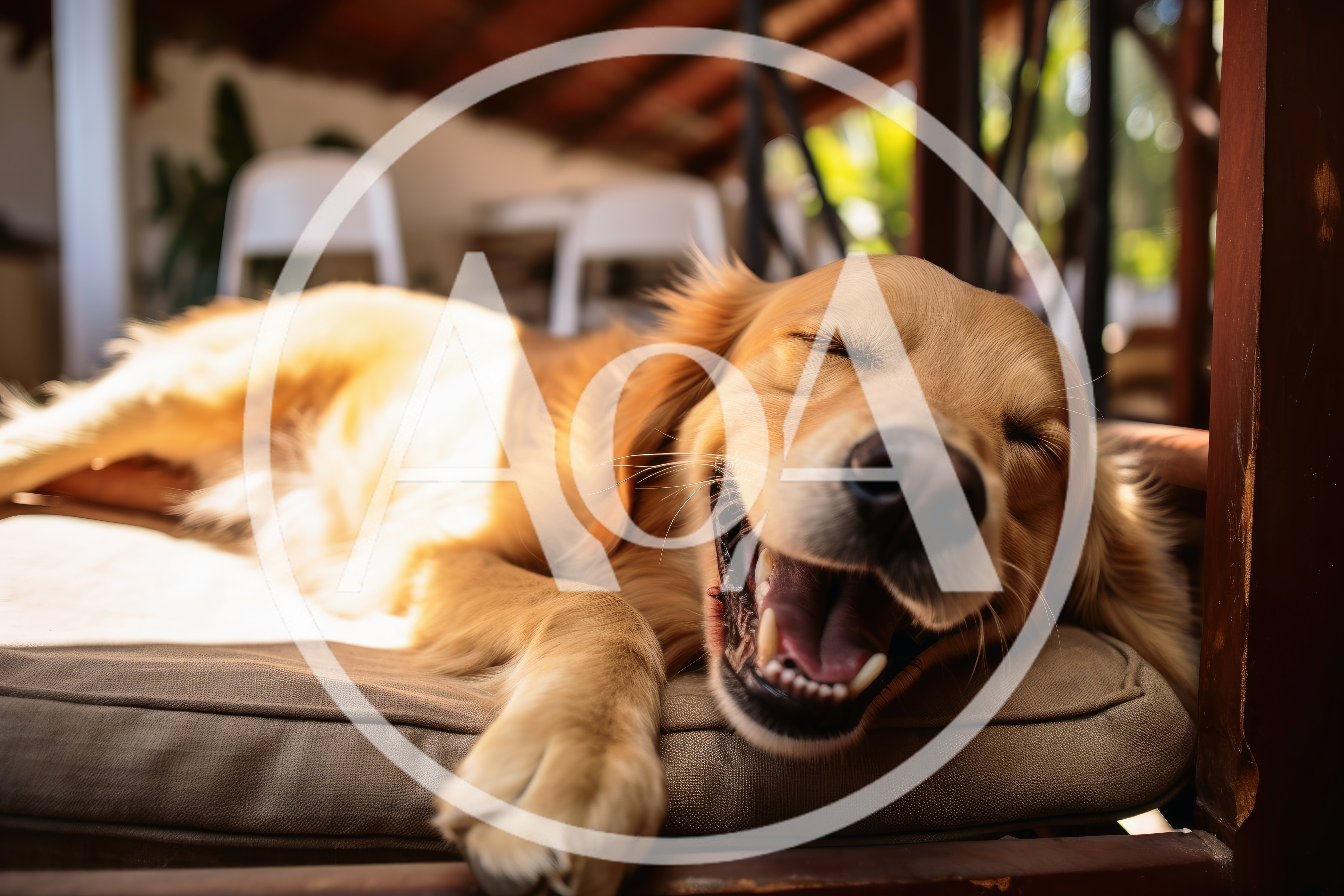 Golden Retriever Dog Yawning While Resting On A Cushion