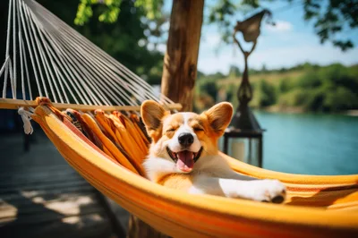 Happy Corgi Puppy Relaxing In A Hammock