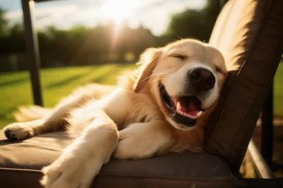 Happy Golden Retriever Sleeping On Outdoor Chair