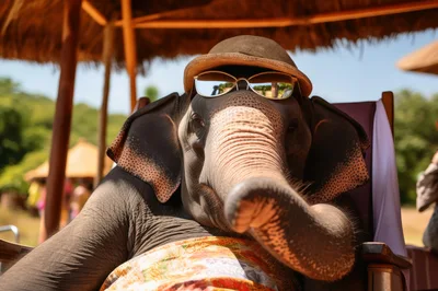 Elephant Wearing Hat And Sunglasses Relaxing In Chair