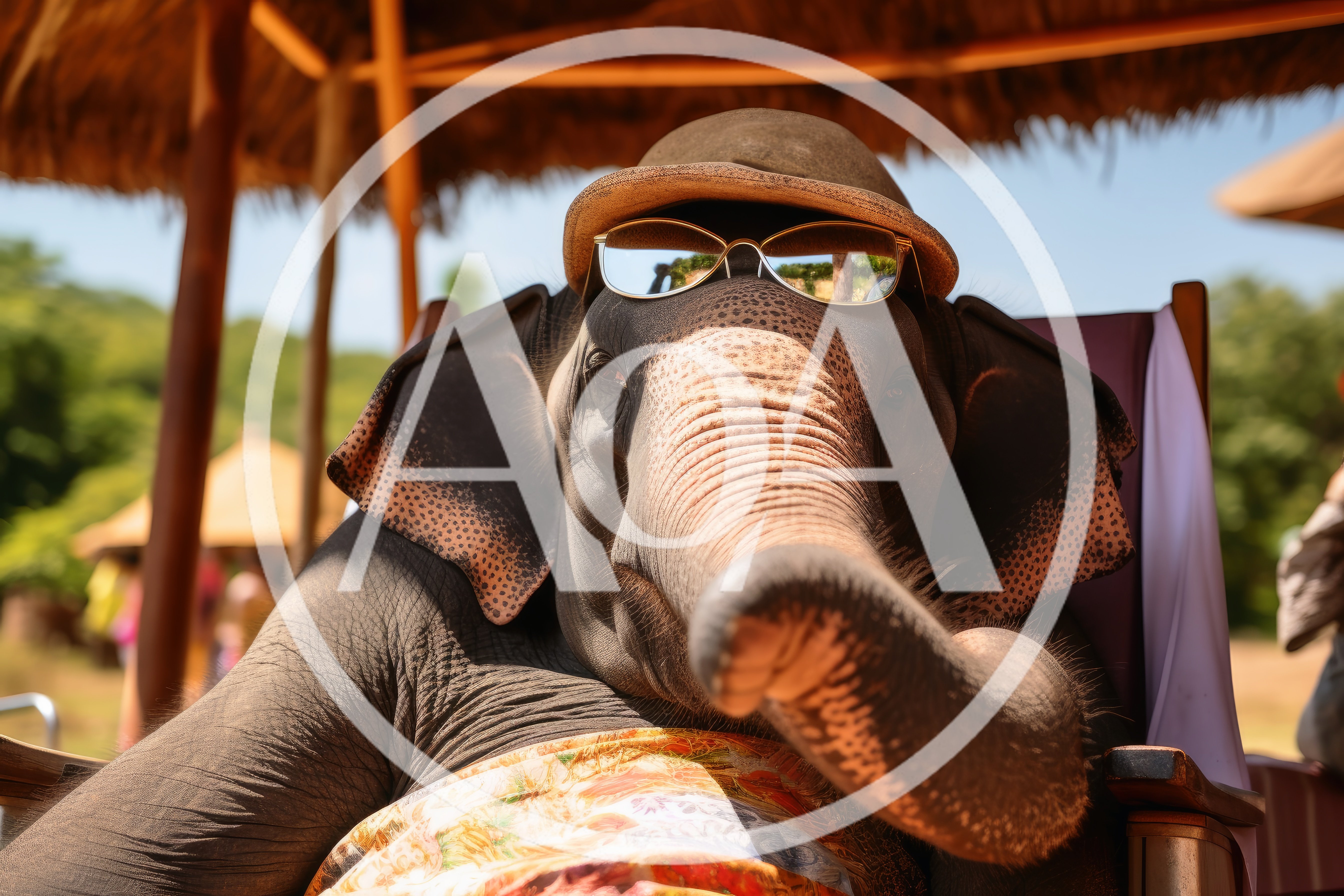 Elephant Wearing Hat And Sunglasses Relaxing In Chair
