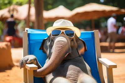 Elephant Wearing Sunglasses And Hat Relaxing In Beach Chair