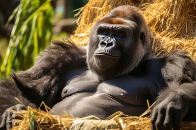 Silverback Gorilla Resting In A Bed Of Straw