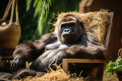 Gorilla Relaxing In A Wooden Chair With Straw
