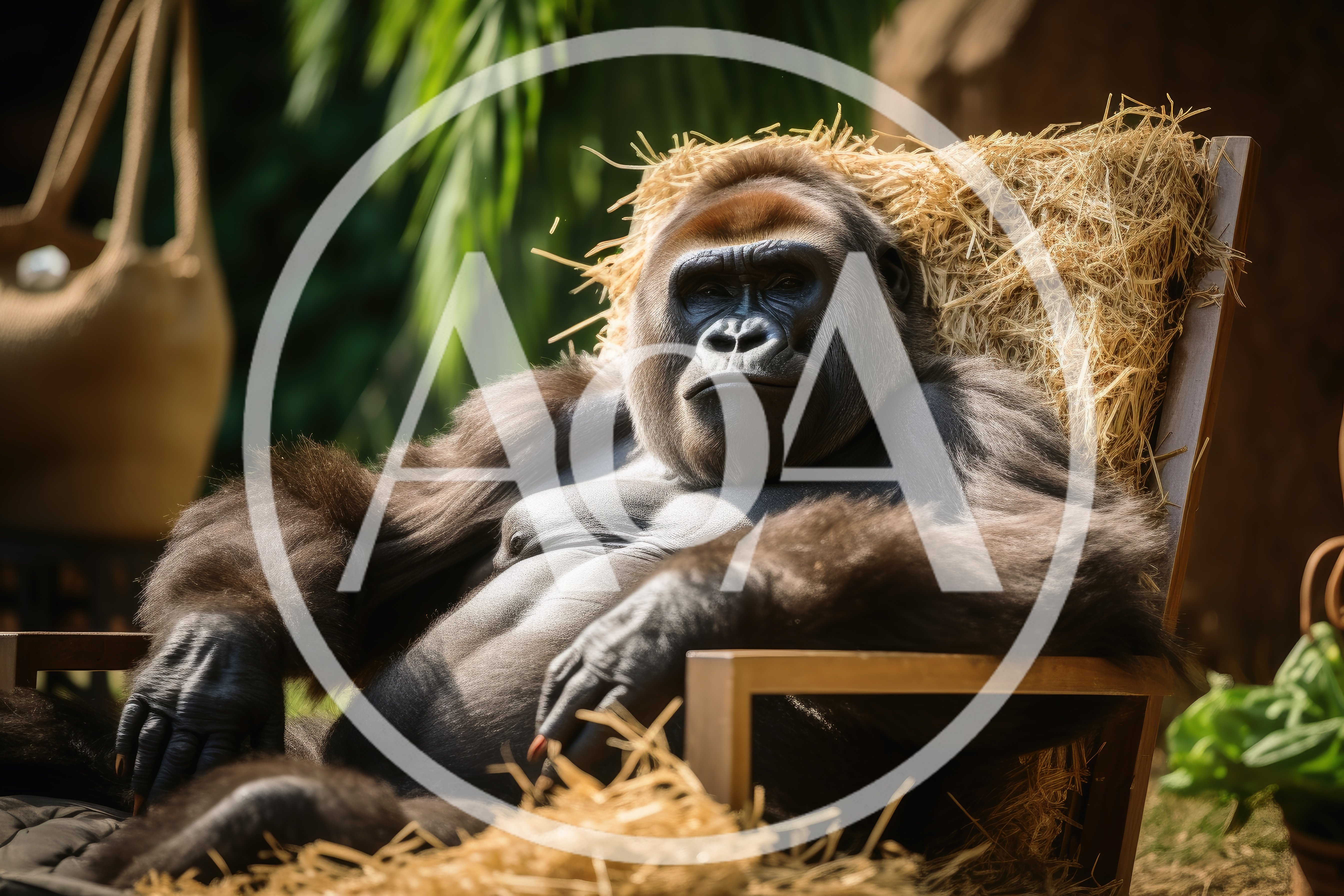Gorilla Relaxing In A Wooden Chair With Straw