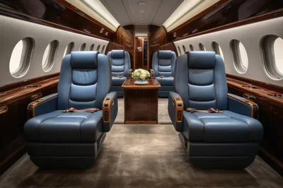 Luxury Private Jet Cabin Interior With Blue Leather Seats