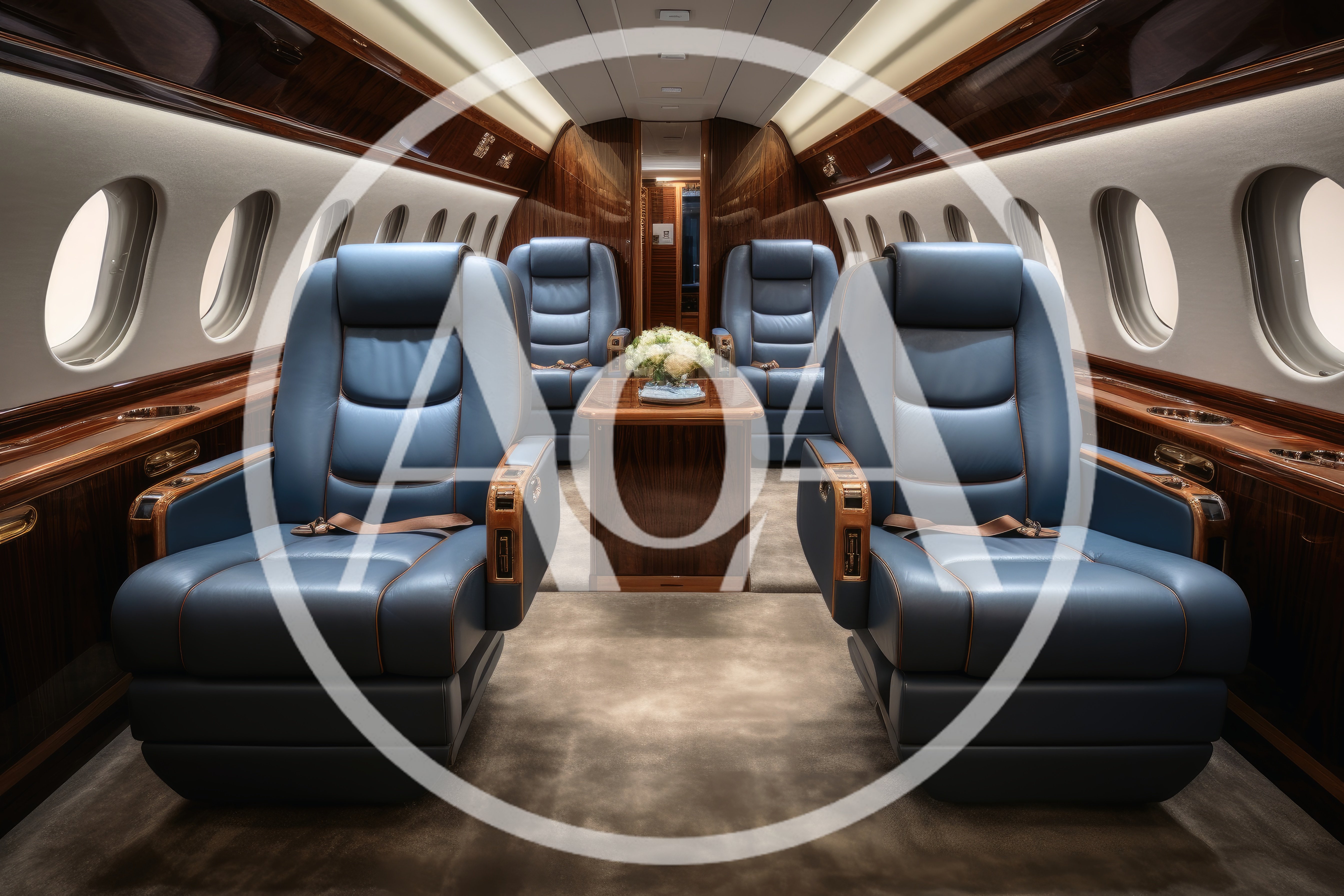 Luxury Private Jet Cabin Interior With Blue Leather Seats
