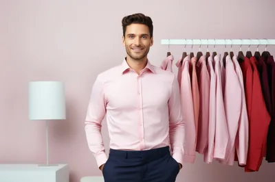 Smiling Man Standing Next To A Clothing Rack