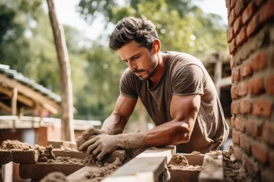 Muscular Man Working With Mud And Bricks