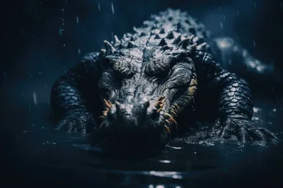 Large Crocodile Resting In Dark Rainy Water