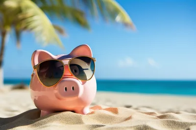 Pink Piggy Bank Wearing Sunglasses On Tropical Beach