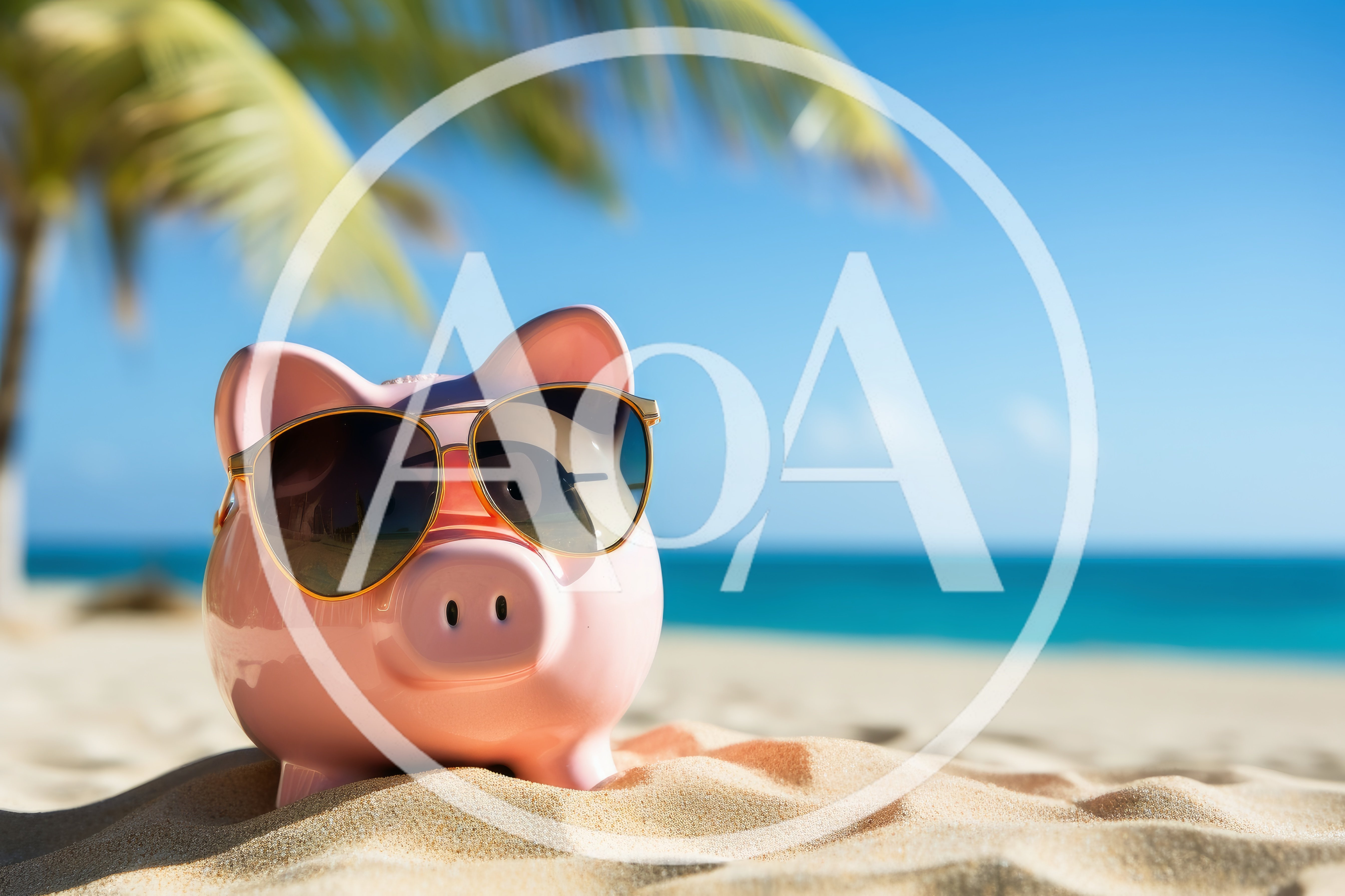 Pink Piggy Bank Wearing Sunglasses On Tropical Beach