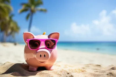 Pink Piggy Bank Wearing Sunglasses On Tropical Beach