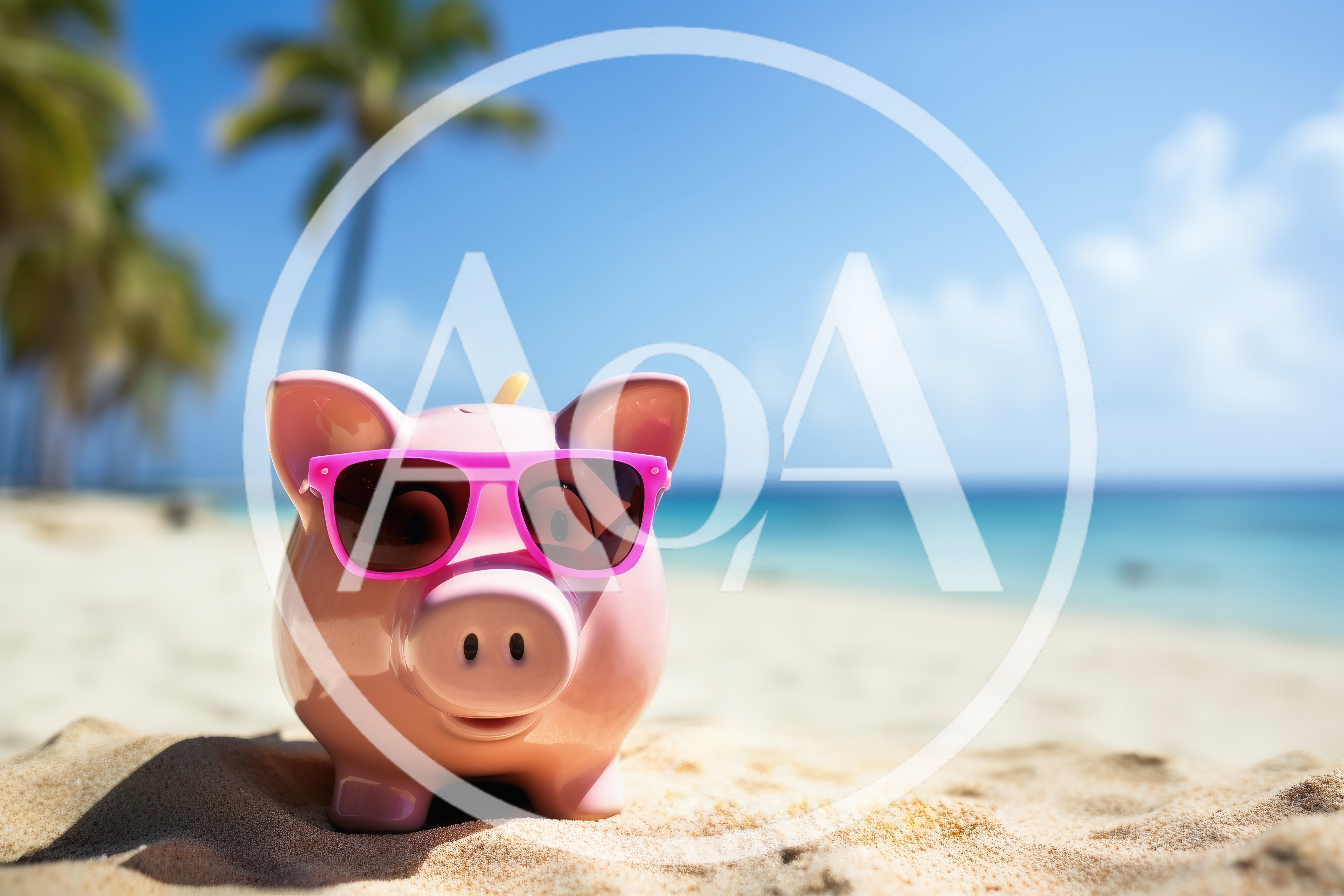 Pink Piggy Bank Wearing Sunglasses On Tropical Beach