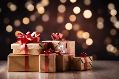 Golden Gift Boxes With Red Ribbons