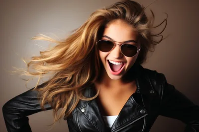Excited Young Woman With Windblown Hair Wearing Leather Jacket
