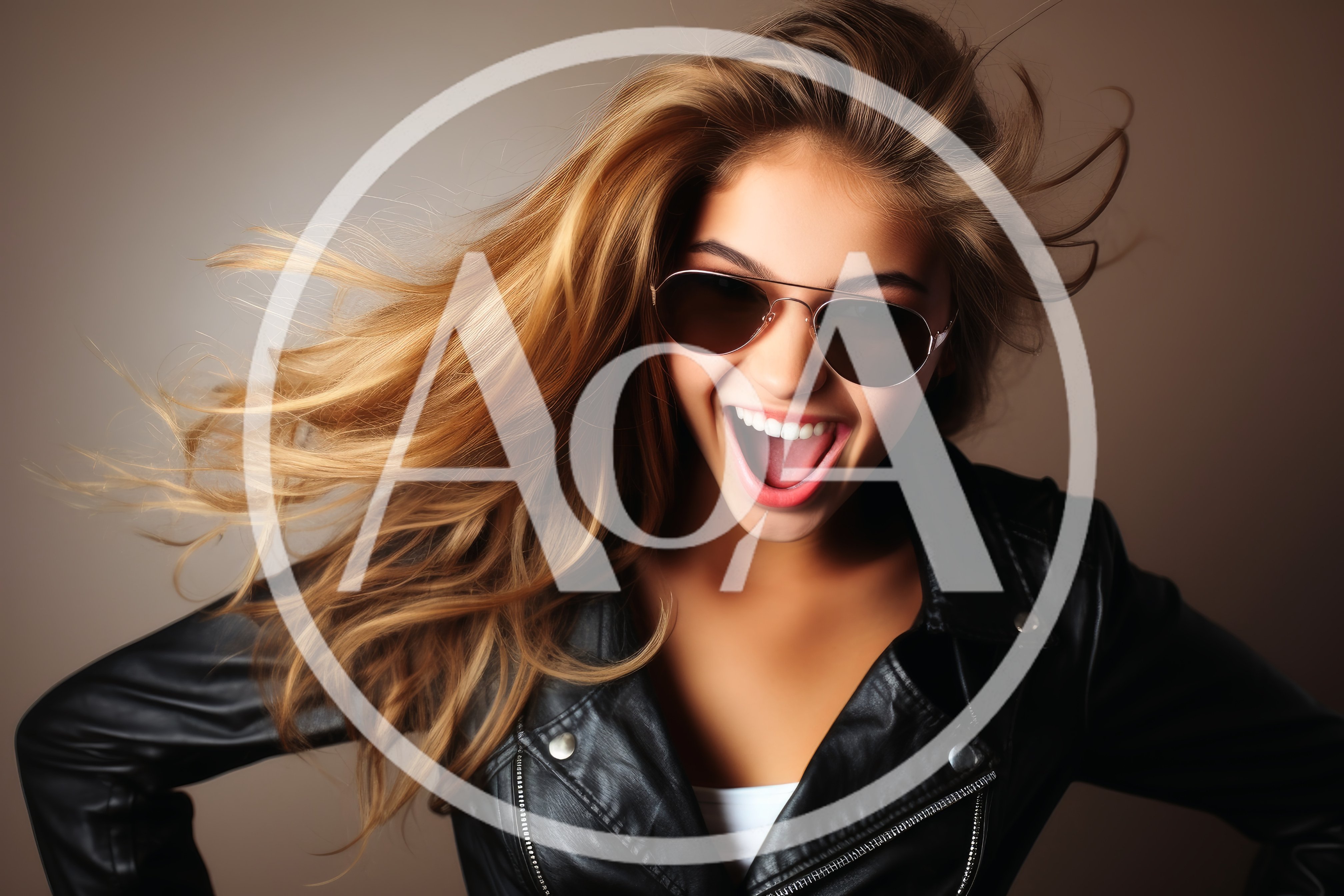 Excited Young Woman With Windblown Hair Wearing Leather Jacket