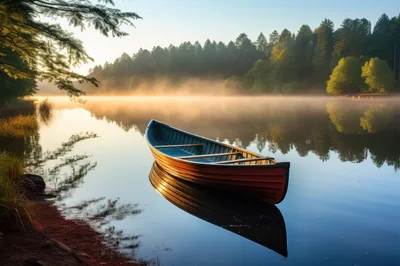 Wooden Canoe Floating On A Calm Misty Lake
