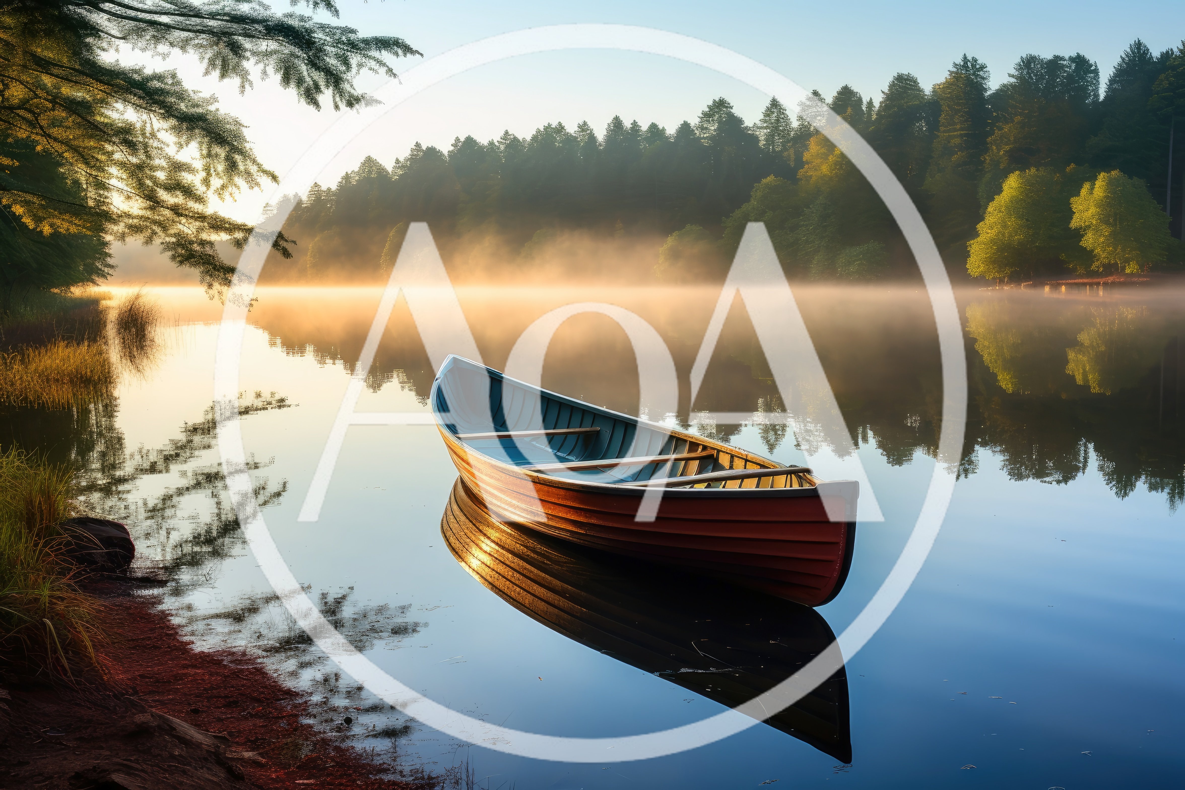 Wooden Canoe Floating On A Calm Misty Lake