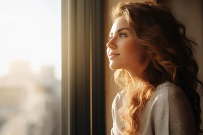 Young Woman Looking Out Of A Window At Sunset