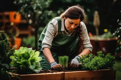 Woman Planting Seedlings in a Wooden Garden Bed