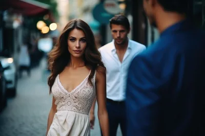 Elegant Woman Walking Past Men On City Street