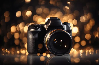 Professional DSLR Camera With Bokeh Light Background